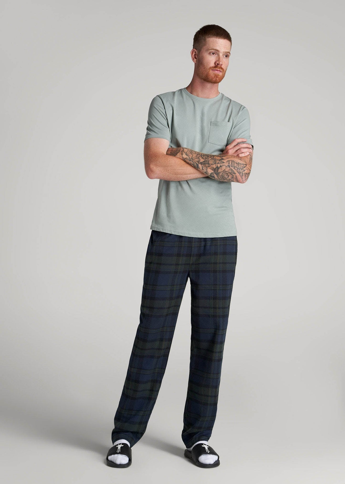 American Tall Men Plaid Pajama Pants for Tall Men in Olive & Dark Cobalt Plaid