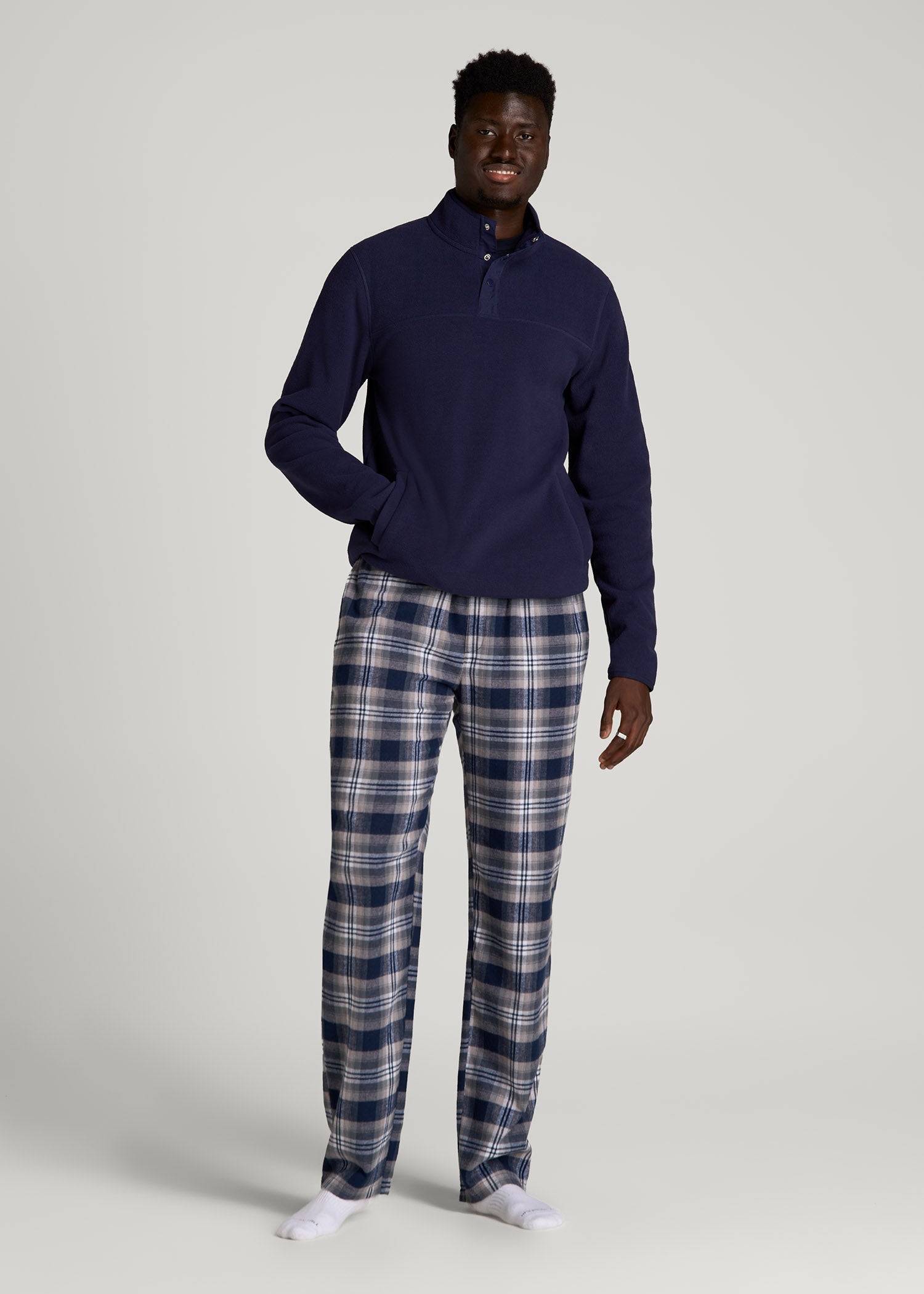 American Tall Men Plaid Pajama Pants for Tall Men in Navy and Grey Plaid