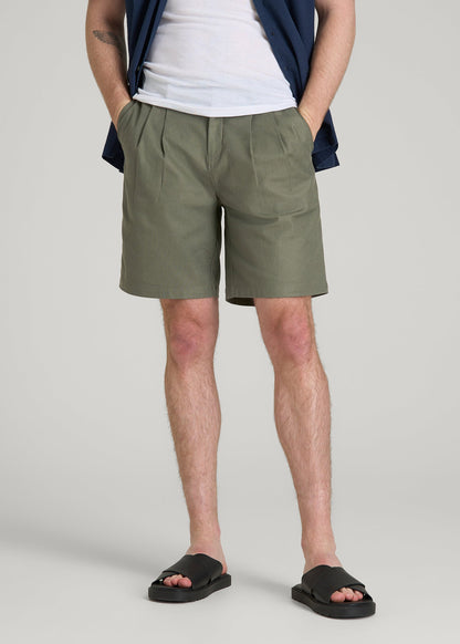American Tall Men Stretch Cotton Linen Blend Shorts for Tall Men in Olive