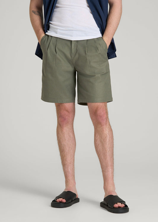 American Tall Men Stretch Cotton Linen Blend Shorts for Tall Men in Olive