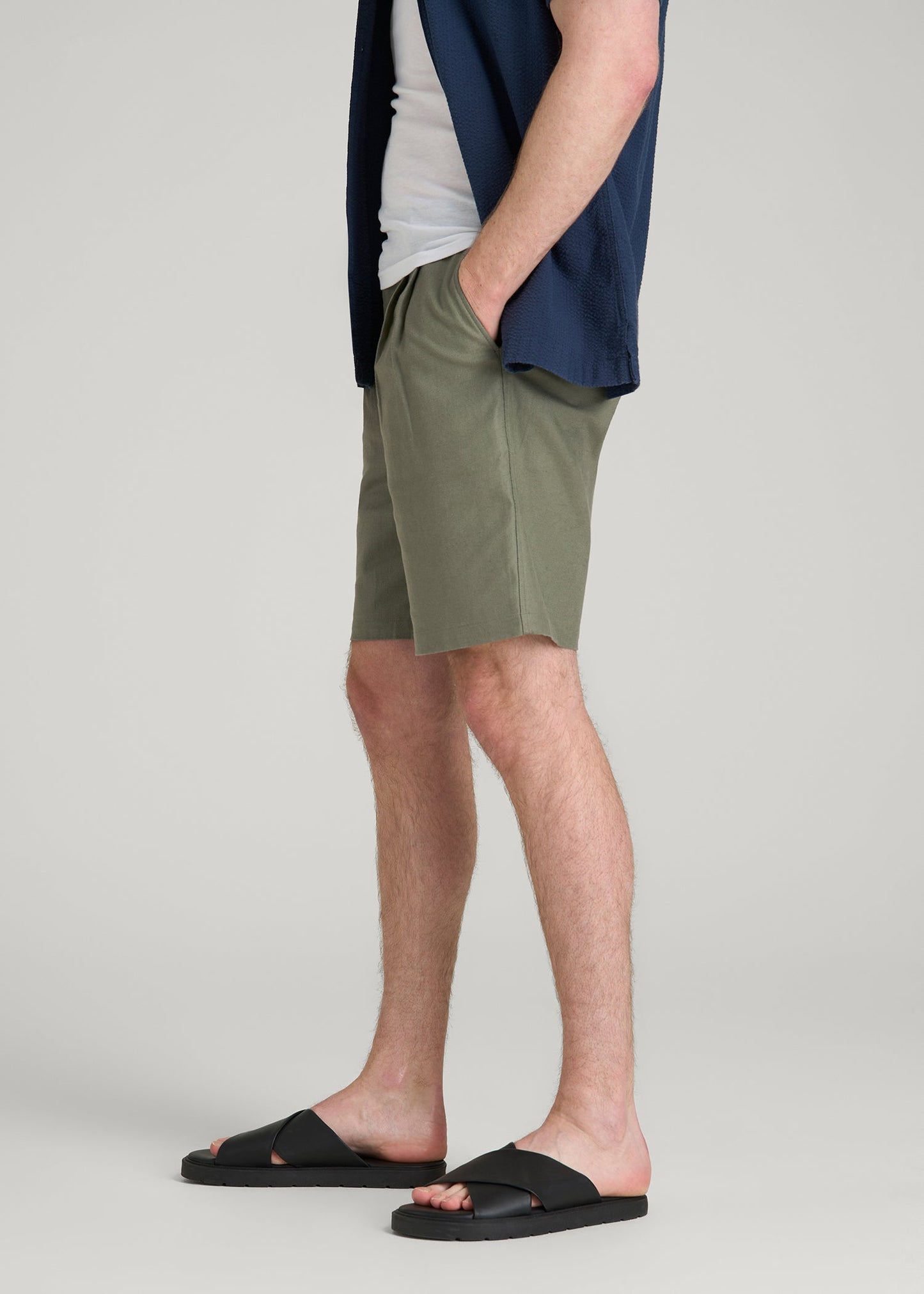 American Tall Men Stretch Cotton Linen Blend Shorts for Tall Men in Olive