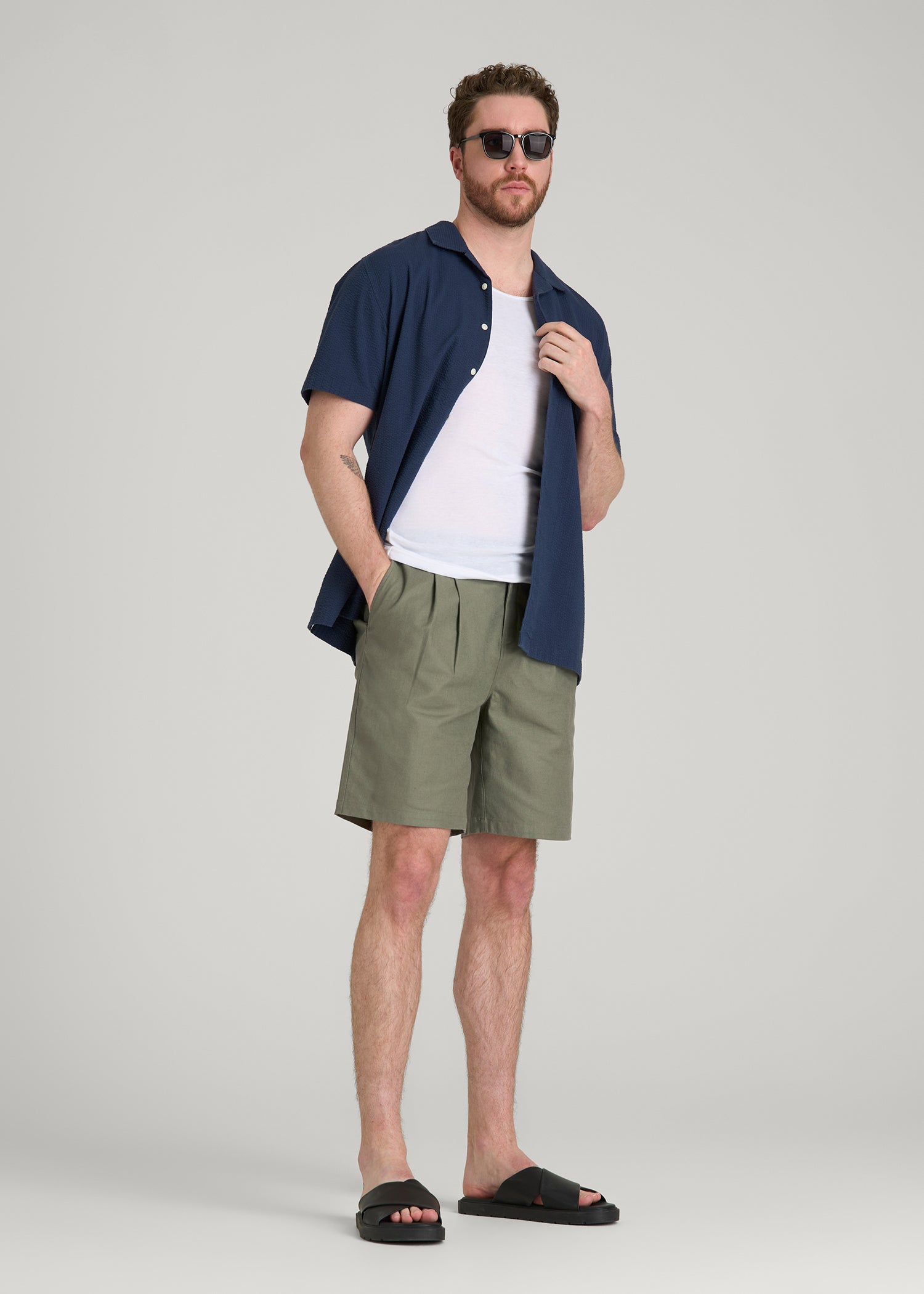 American Tall Men Stretch Cotton Linen Blend Shorts for Tall Men in Olive