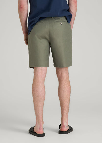 American Tall Men Stretch Cotton Linen Blend Shorts for Tall Men in Olive
