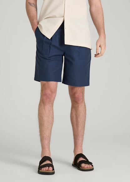 American Tall Men Stretch Cotton Linen Blend Shorts for Tall Men in Navy Blue