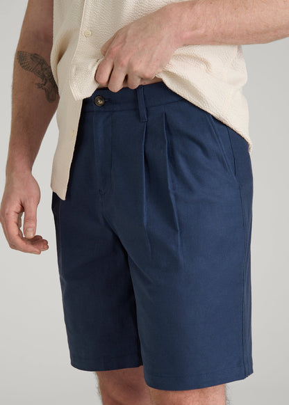 American Tall Men Stretch Cotton Linen Blend Shorts for Tall Men in Navy Blue