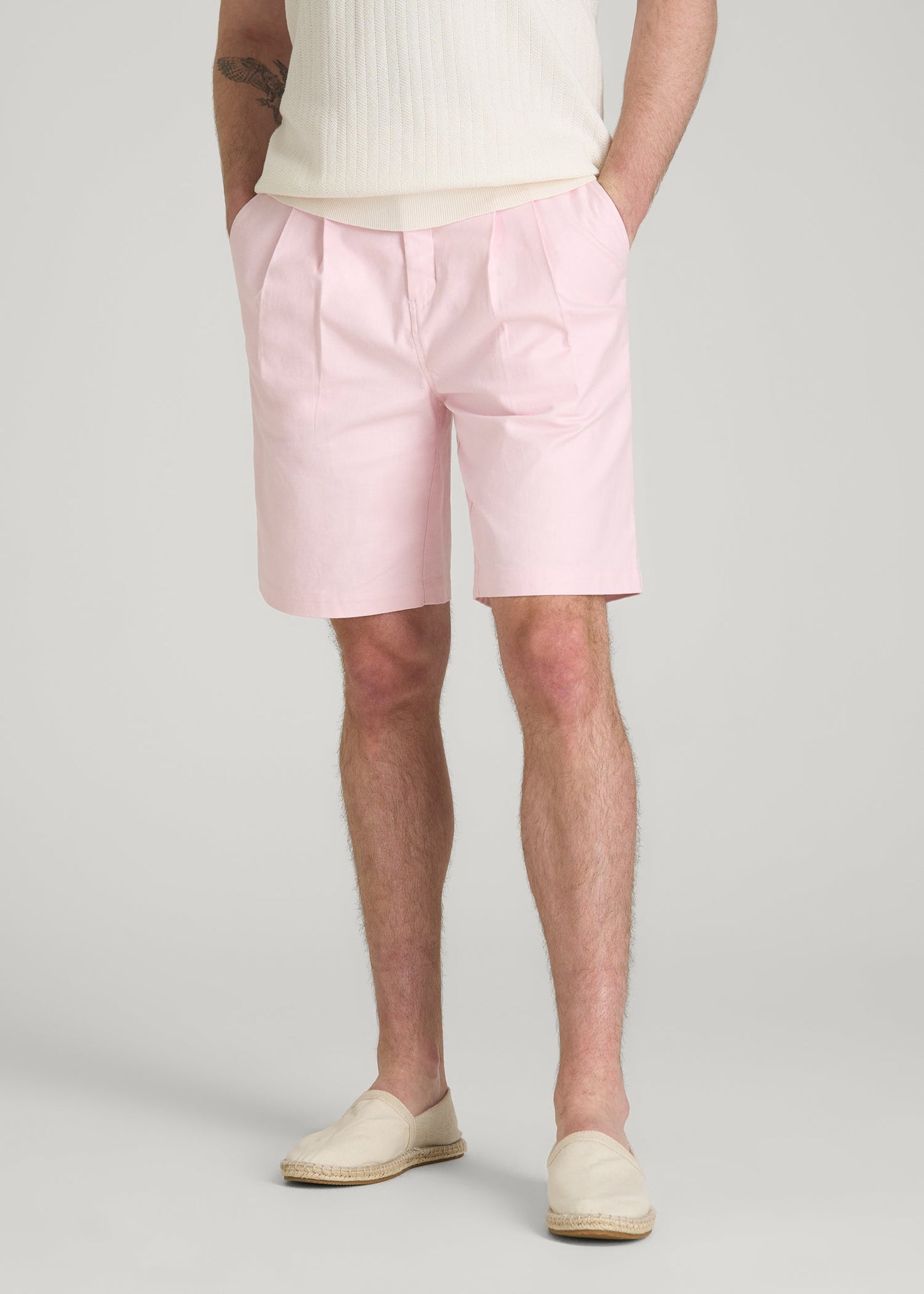American Tall Men Stretch Cotton Linen Blend Shorts for Tall Men in Barely Pink