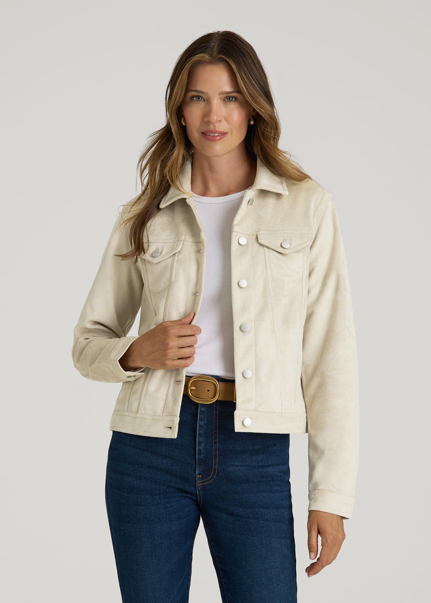 American Tall Men|Women True Touch Suede Trucker Jacket for Tall Women in Overcast