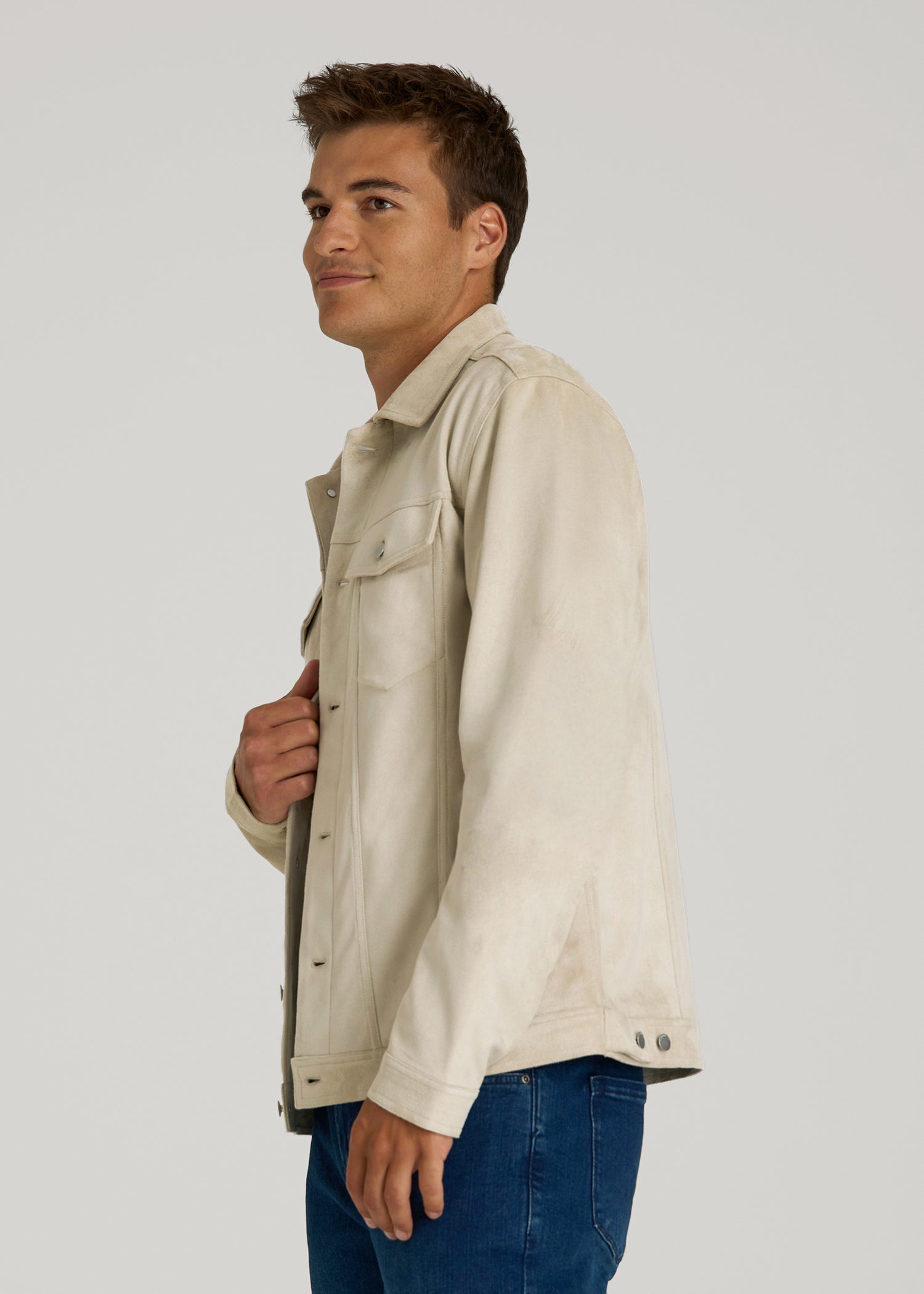 American Tall Men True Touch Suede Trucker Jacket for Tall Men in Overcast