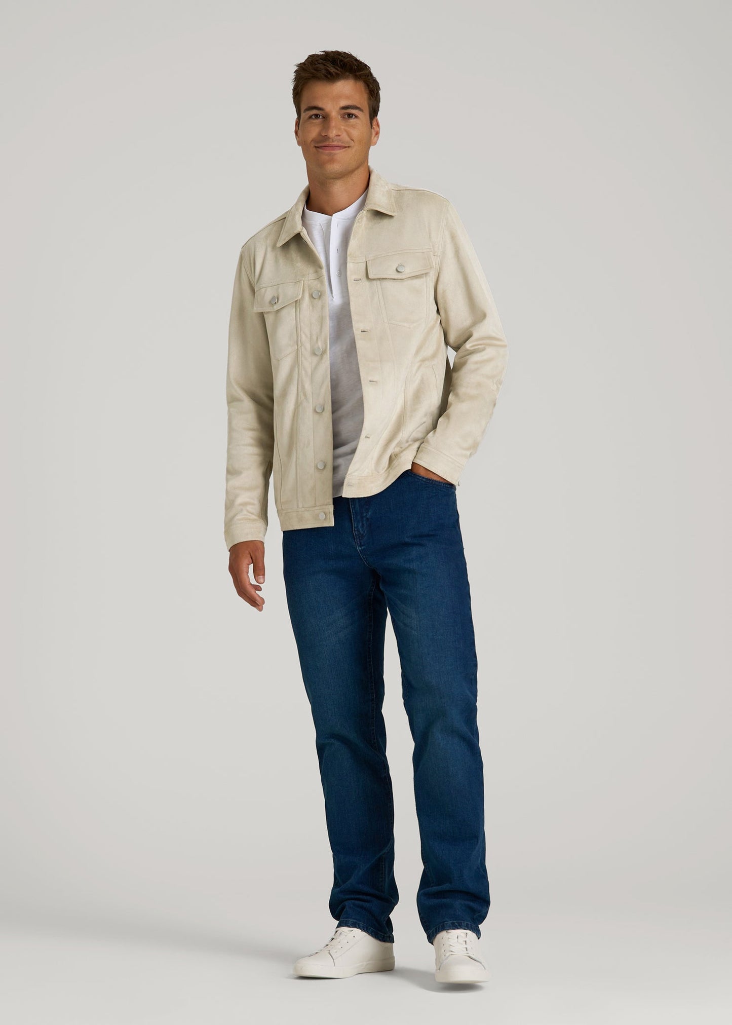 American Tall Men True Touch Suede Trucker Jacket for Tall Men in Overcast