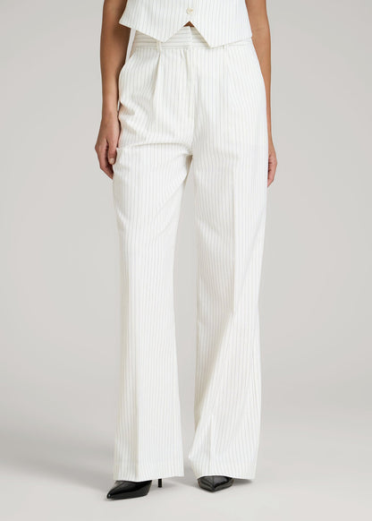 American Tall Men|Women High-Rise Wide-Leg Pleated Dress Pants for Tall Women in Off White Pinstripe