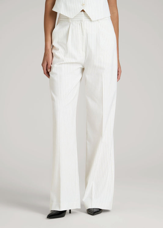 American Tall Men|Women High-Rise Wide-Leg Pleated Dress Pants for Tall Women in Off White Pinstripe