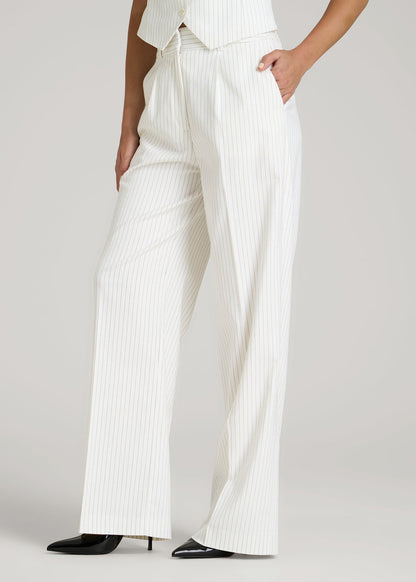 American Tall Men|Women High-Rise Wide-Leg Pleated Dress Pants for Tall Women in Off White Pinstripe