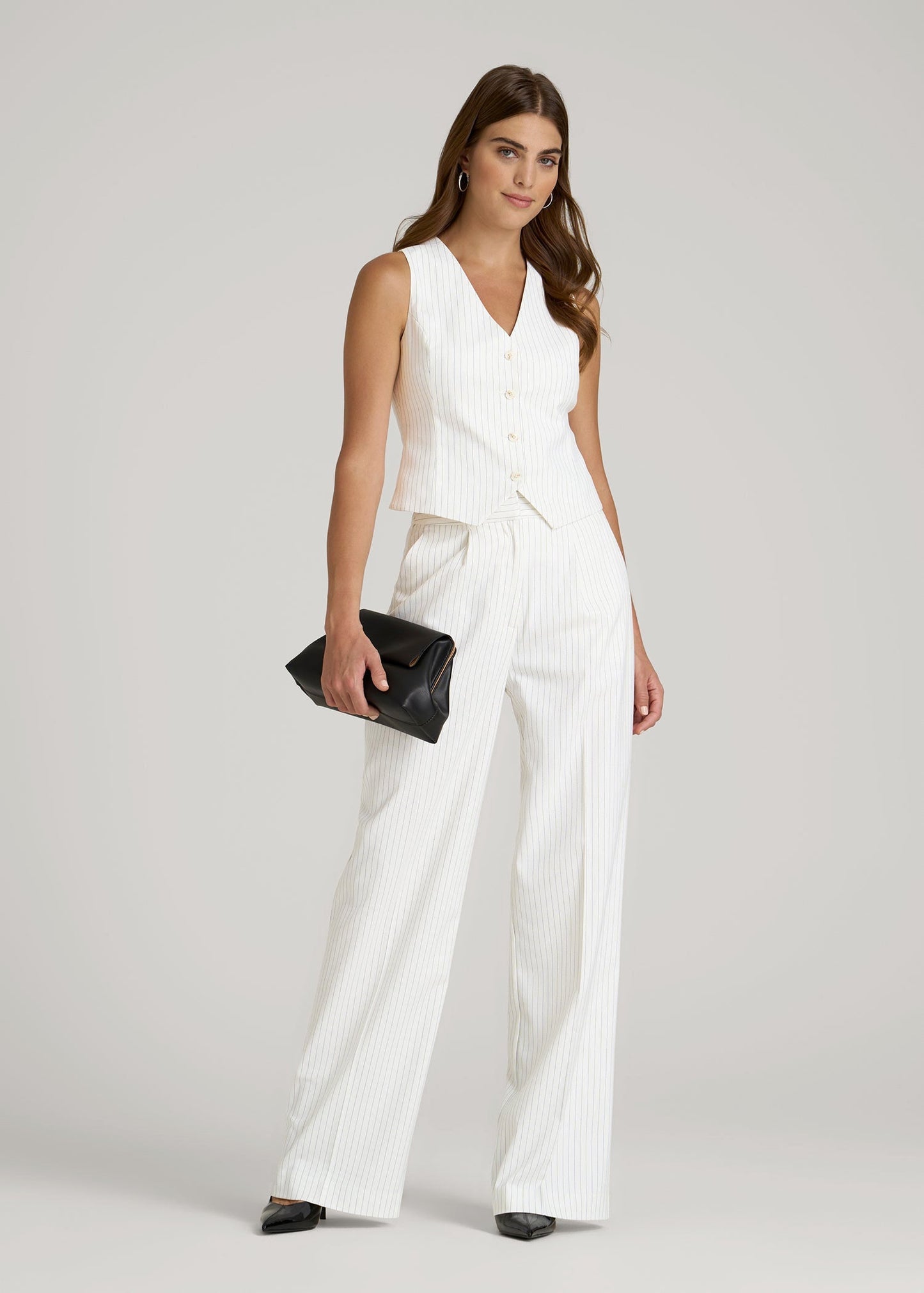 American Tall Men|Women High-Rise Wide-Leg Pleated Dress Pants for Tall Women in Off White Pinstripe