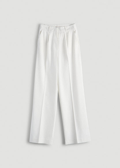 American Tall Men|Women High-Rise Wide-Leg Pleated Dress Pants for Tall Women in Off White Pinstripe