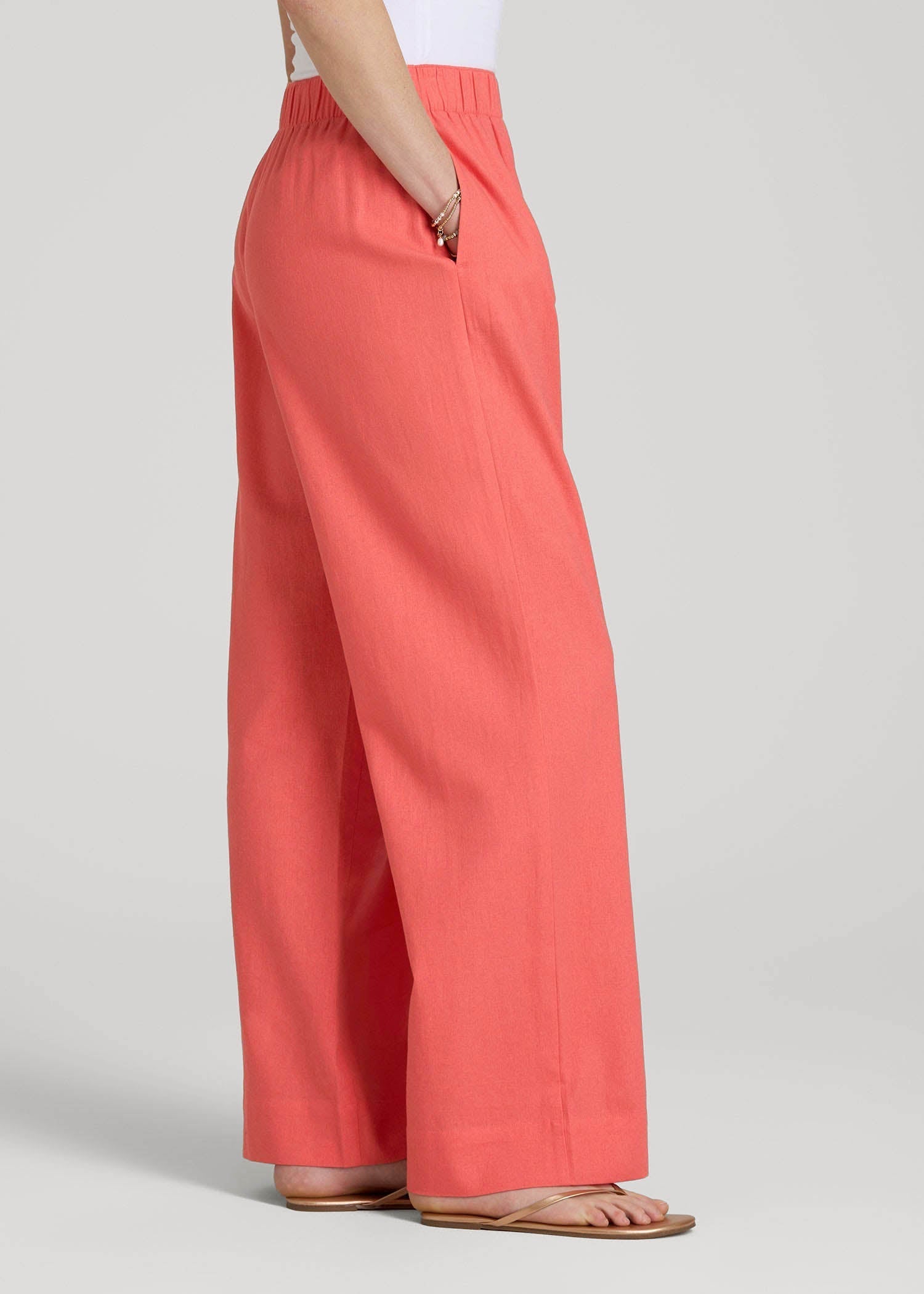 American Tall Men|Women Pull On Wide Leg Linen Pants for Tall Women in Sunset Coral