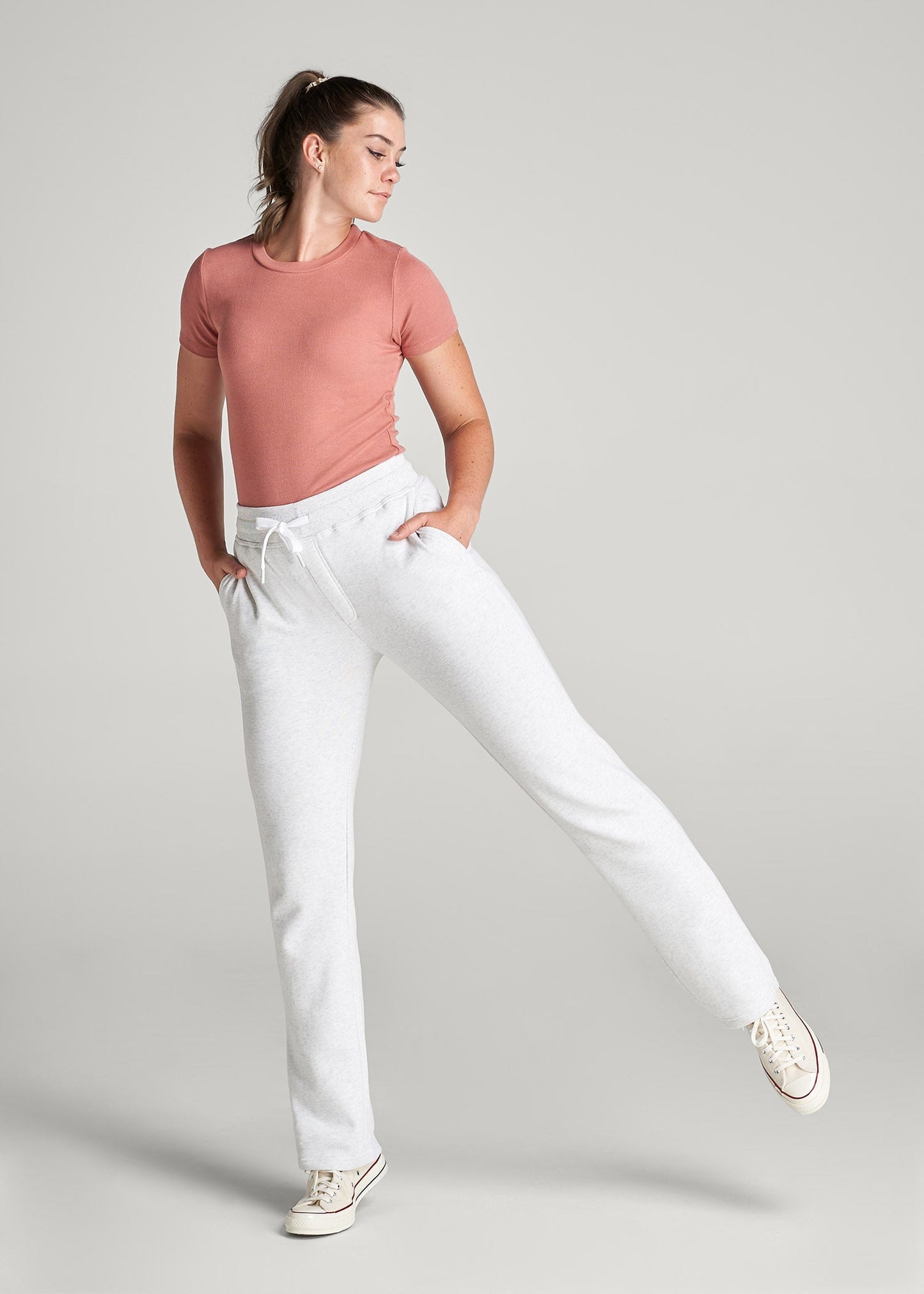 American Tall Women Wearever Fleece Open-Bottom Sweatpants for Tall Women in Heather Cloud White