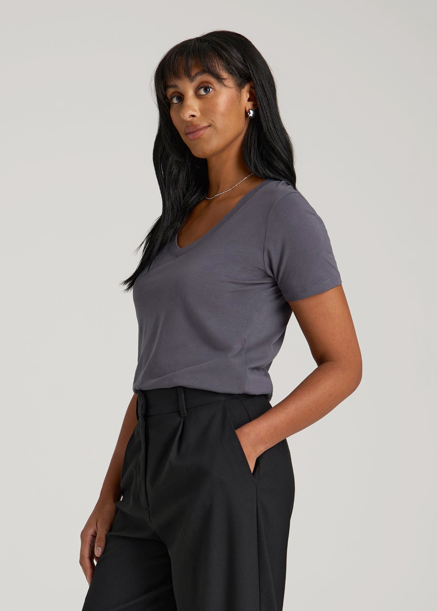 American Tall Women Scoop V-Neck Tee for Tall Women in Charcoal