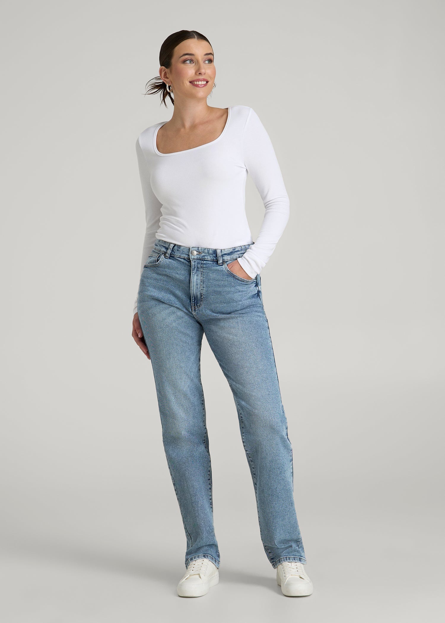 American Tall Women Harper High-Rise Straight Stretch Jeans for Tall Women in Perfect Blue
