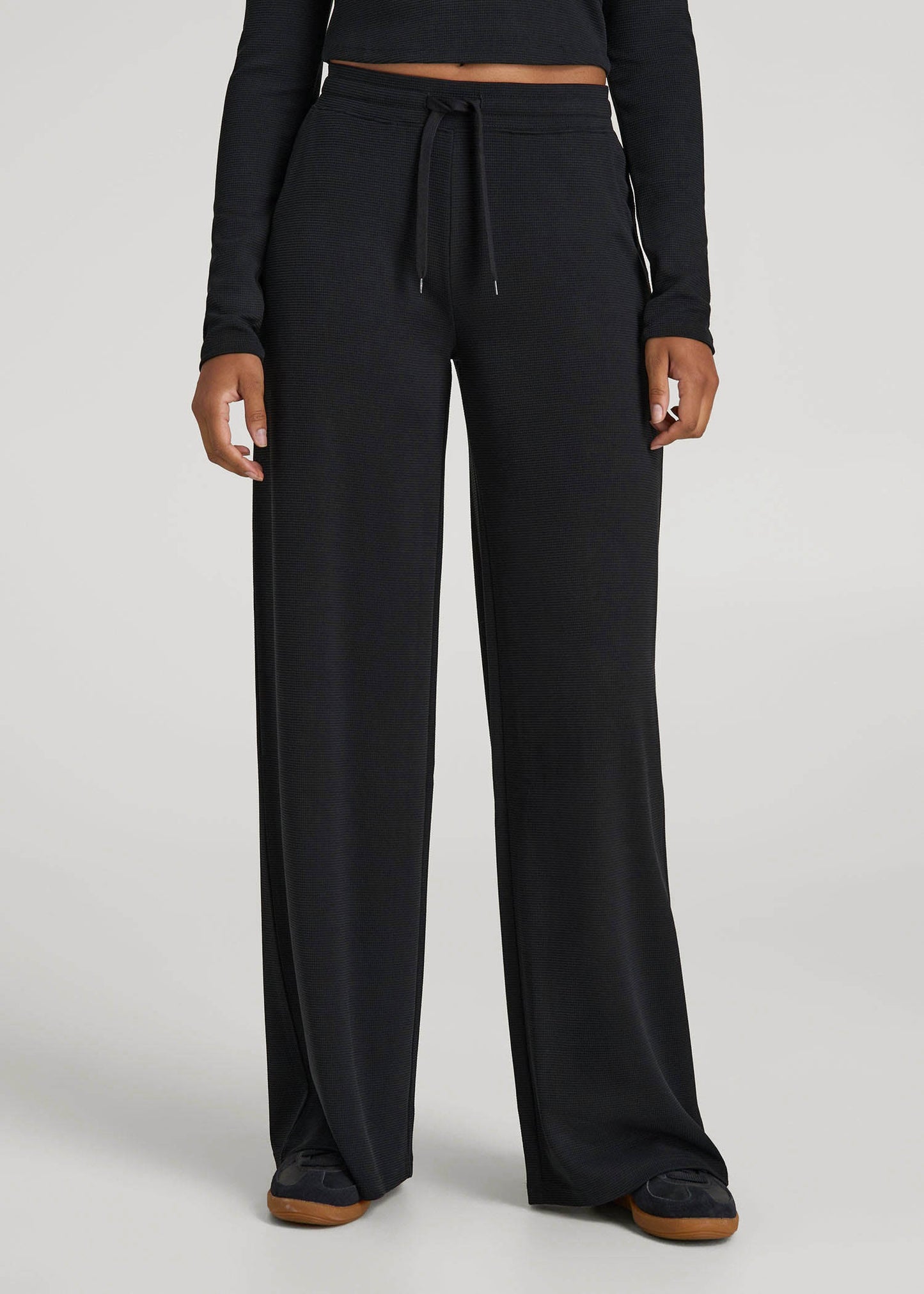 American Tall Women Mid-Rise Waffle Wide-Leg Pants for Tall Women in Black