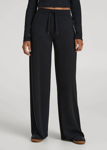 American Tall Women Mid-Rise Waffle Wide-Leg Pants for Tall Women in Black