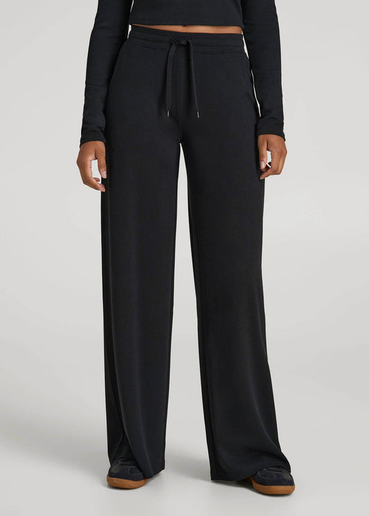 American Tall Women Mid-Rise Waffle Wide-Leg Pants for Tall Women in Black