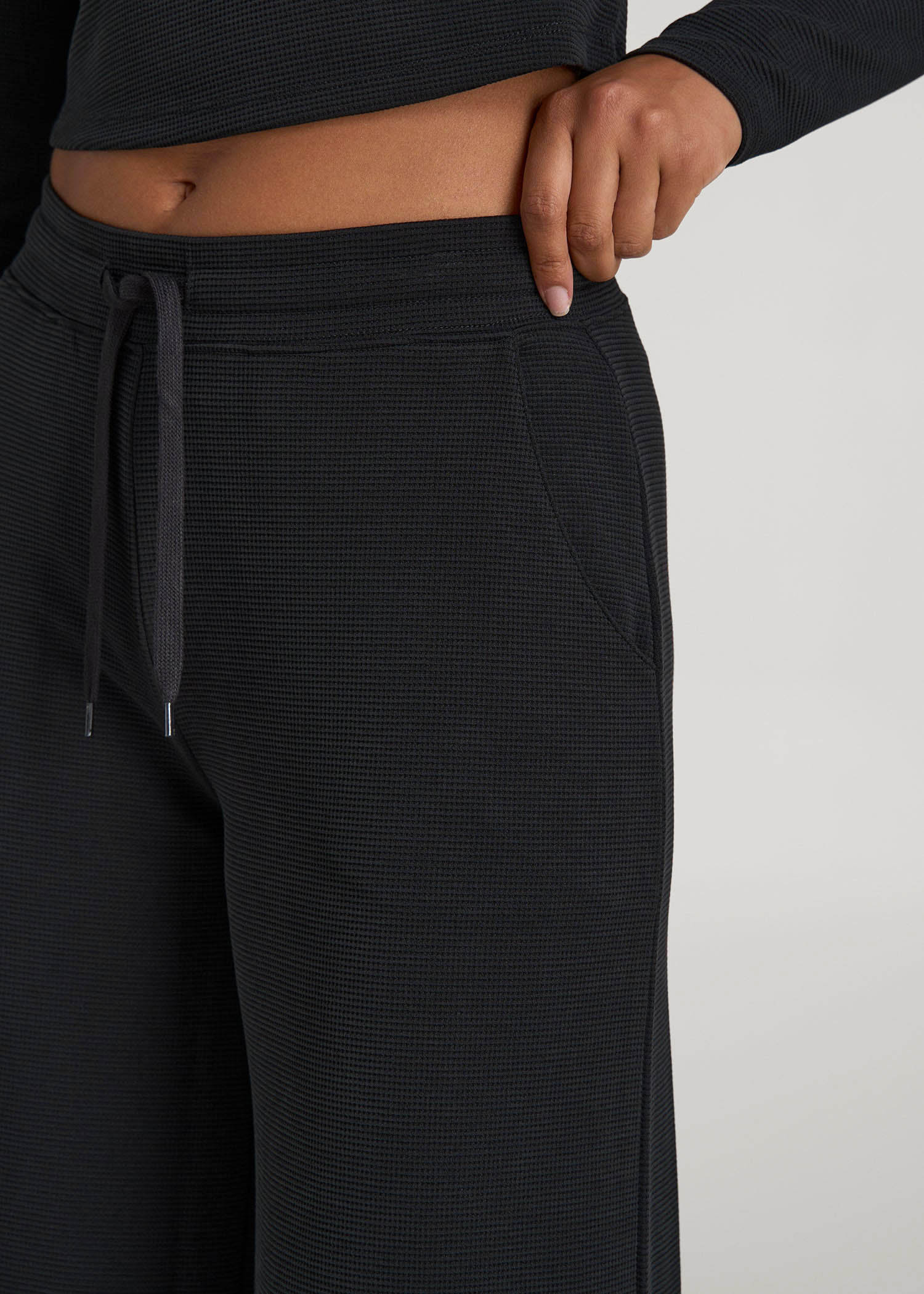 American Tall Women Mid-Rise Waffle Wide-Leg Pants for Tall Women in Black