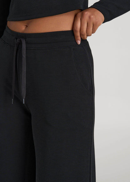 American Tall Women Mid-Rise Waffle Wide-Leg Pants for Tall Women in Black