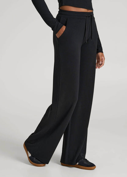 American Tall Women Mid-Rise Waffle Wide-Leg Pants for Tall Women in Black