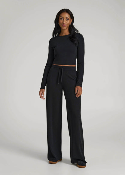 American Tall Women Mid-Rise Waffle Wide-Leg Pants for Tall Women in Black
