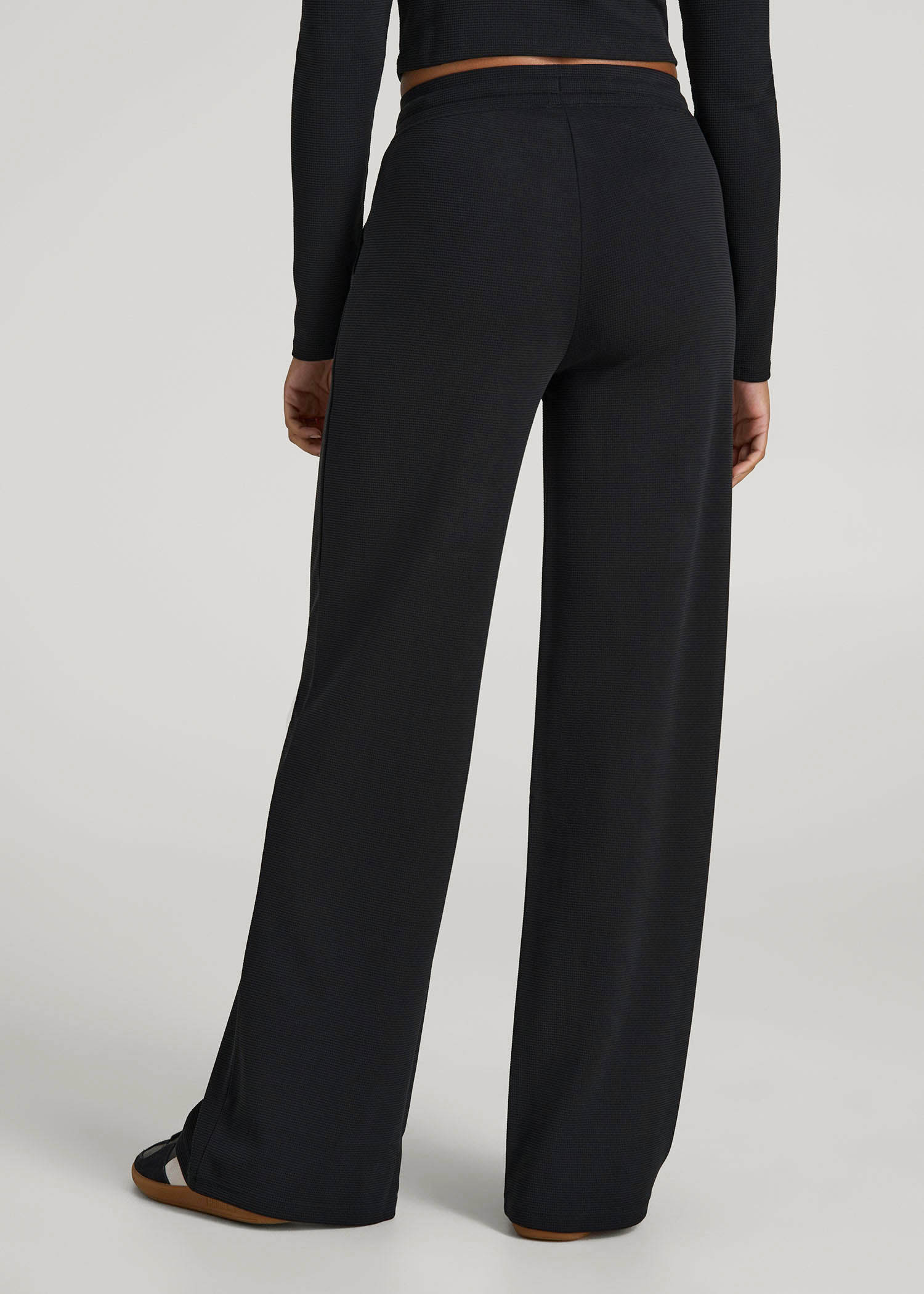 American Tall Women Mid-Rise Waffle Wide-Leg Pants for Tall Women in Black