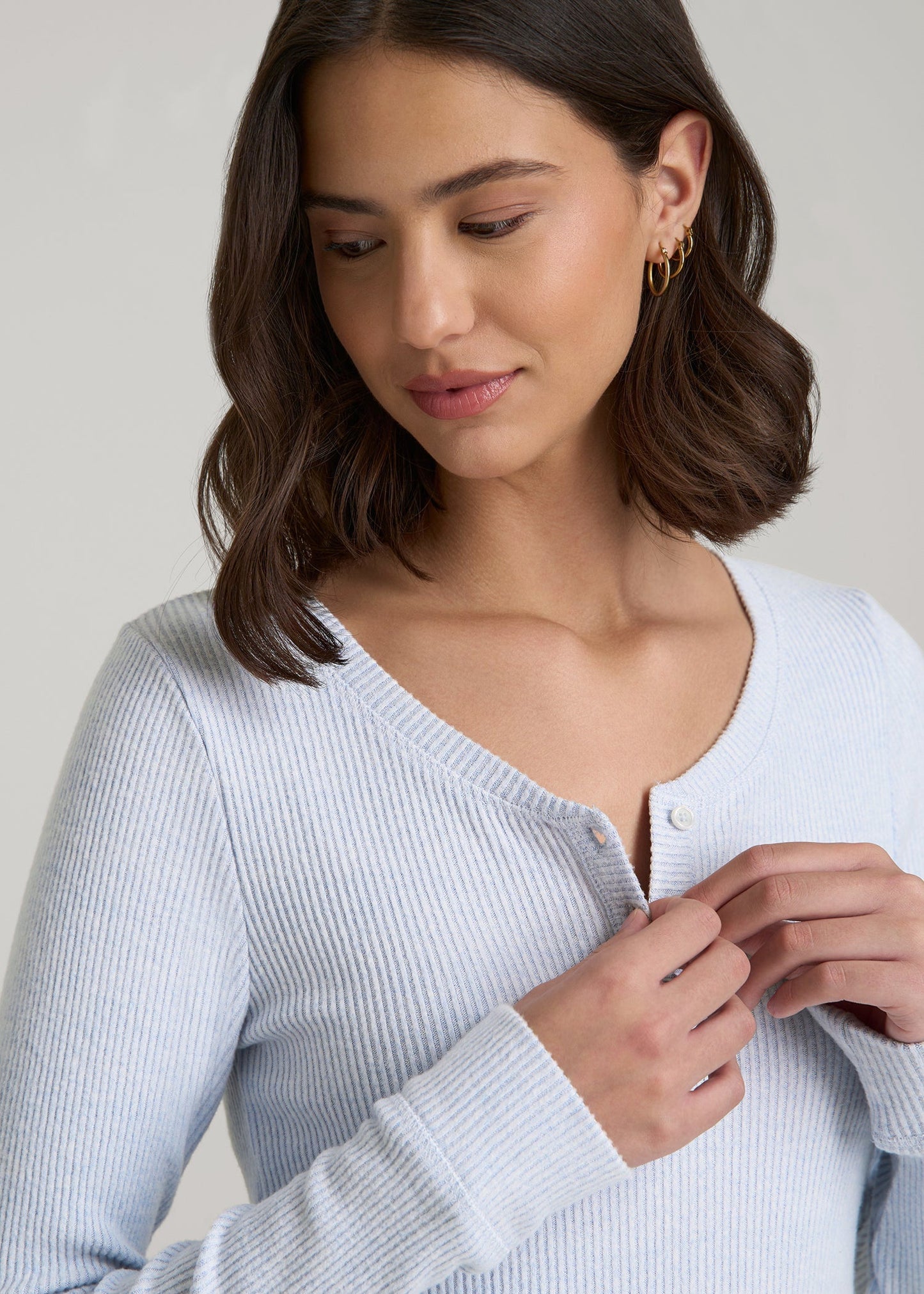 American Tall Women Ribbed Henley Lounge Top for Tall Women in Bluebird Mix