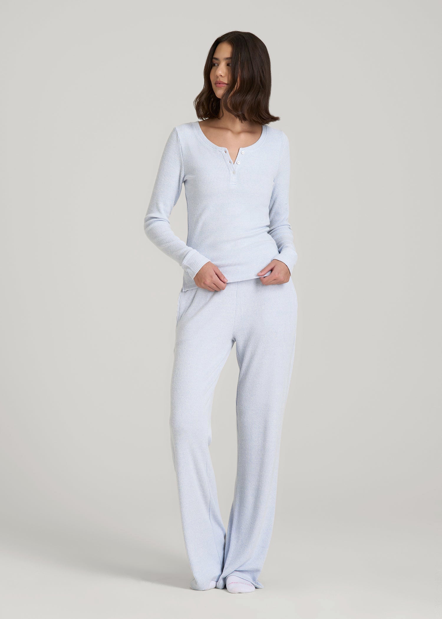 American Tall Women Ribbed Henley Lounge Top for Tall Women in Bluebird Mix