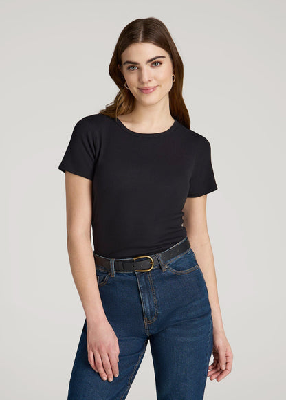 American Tall Women Short Sleeve Ribbed Crewneck T-Shirt for Tall Women in Black