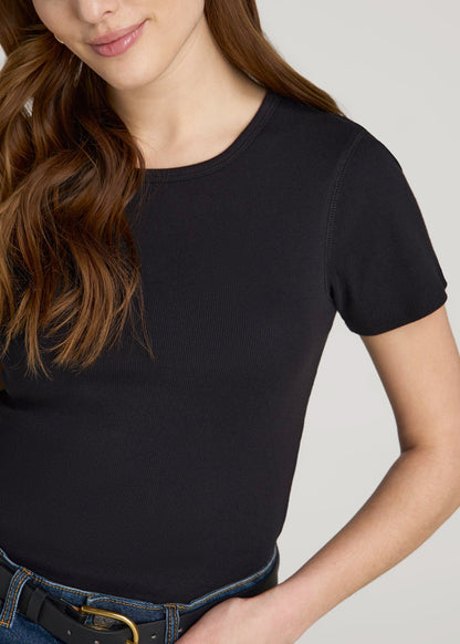 American Tall Women Short Sleeve Ribbed Crewneck T-Shirt for Tall Women in Black
