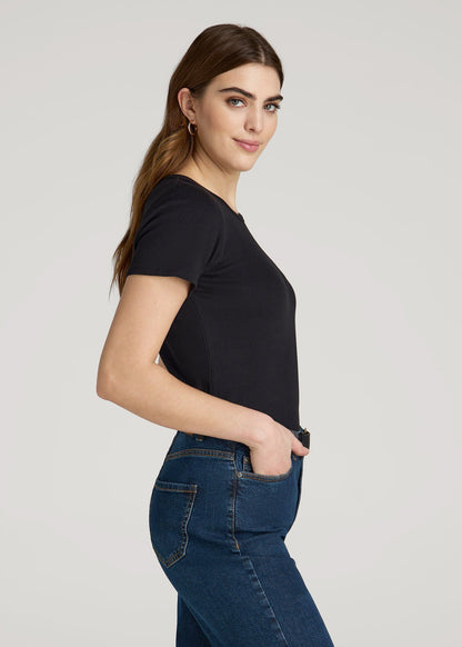 American Tall Women Short Sleeve Ribbed Crewneck T-Shirt for Tall Women in Black