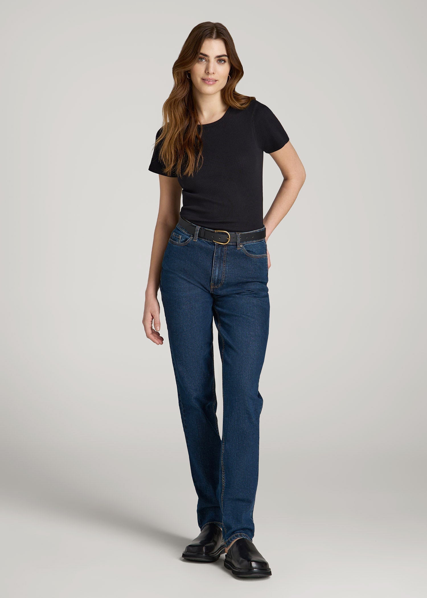 American Tall Women Short Sleeve Ribbed Crewneck T-Shirt for Tall Women in Black