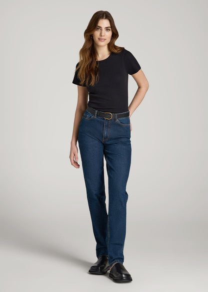 American Tall Women Short Sleeve Ribbed Crewneck T-Shirt for Tall Women in Black