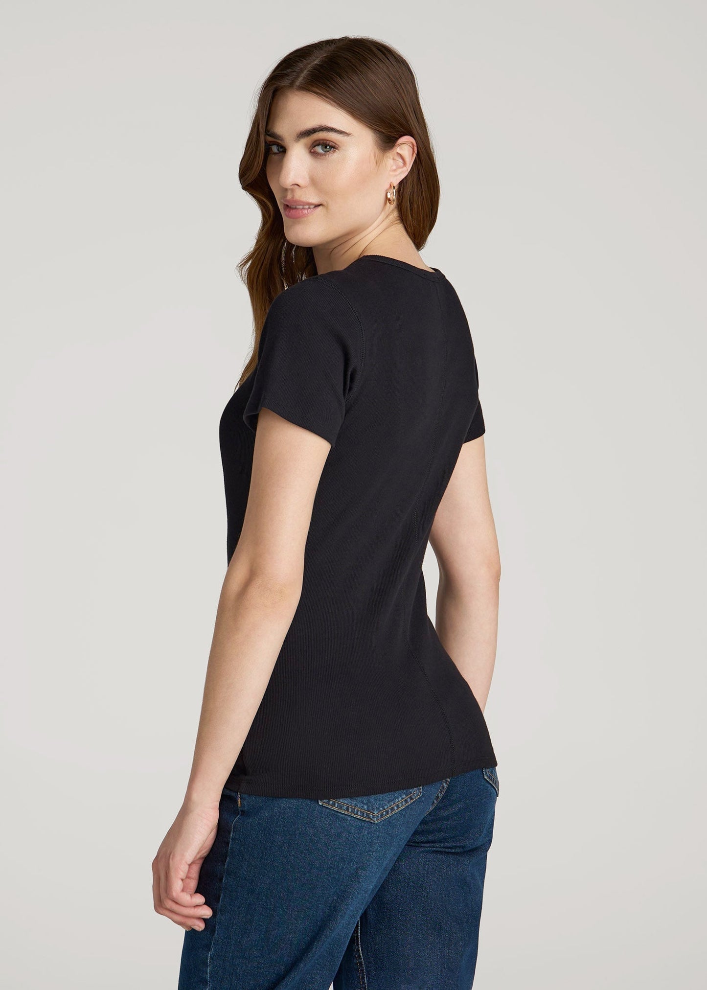 American Tall Women Short Sleeve Ribbed Crewneck T-Shirt for Tall Women in Black