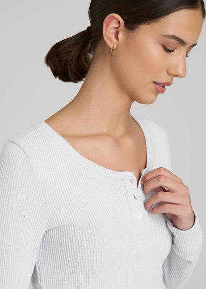 American Tall Women Ribbed Henley Lounge Top for Tall Women in Fog Grey Mix