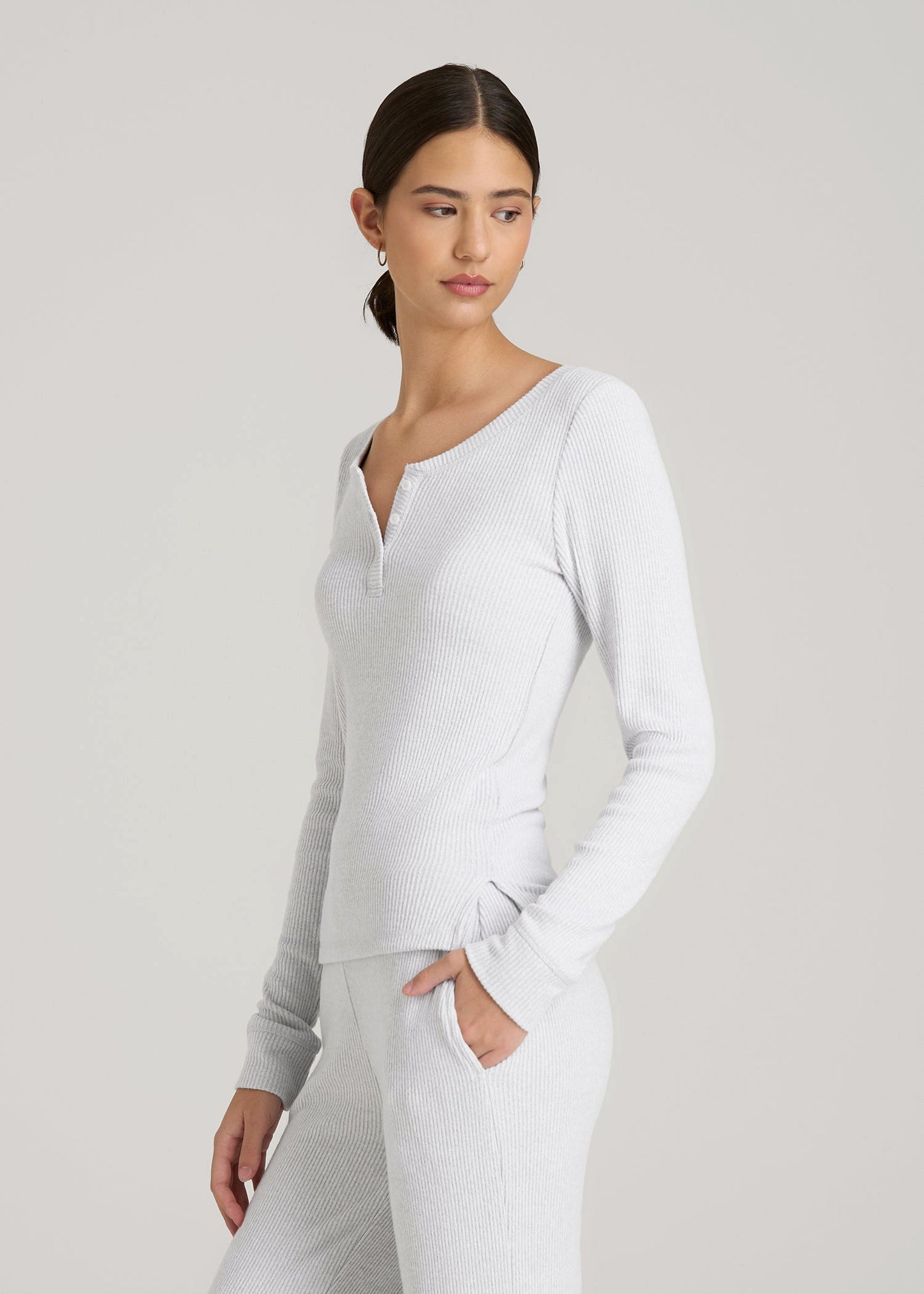 American Tall Women Ribbed Henley Lounge Top for Tall Women in Fog Grey Mix