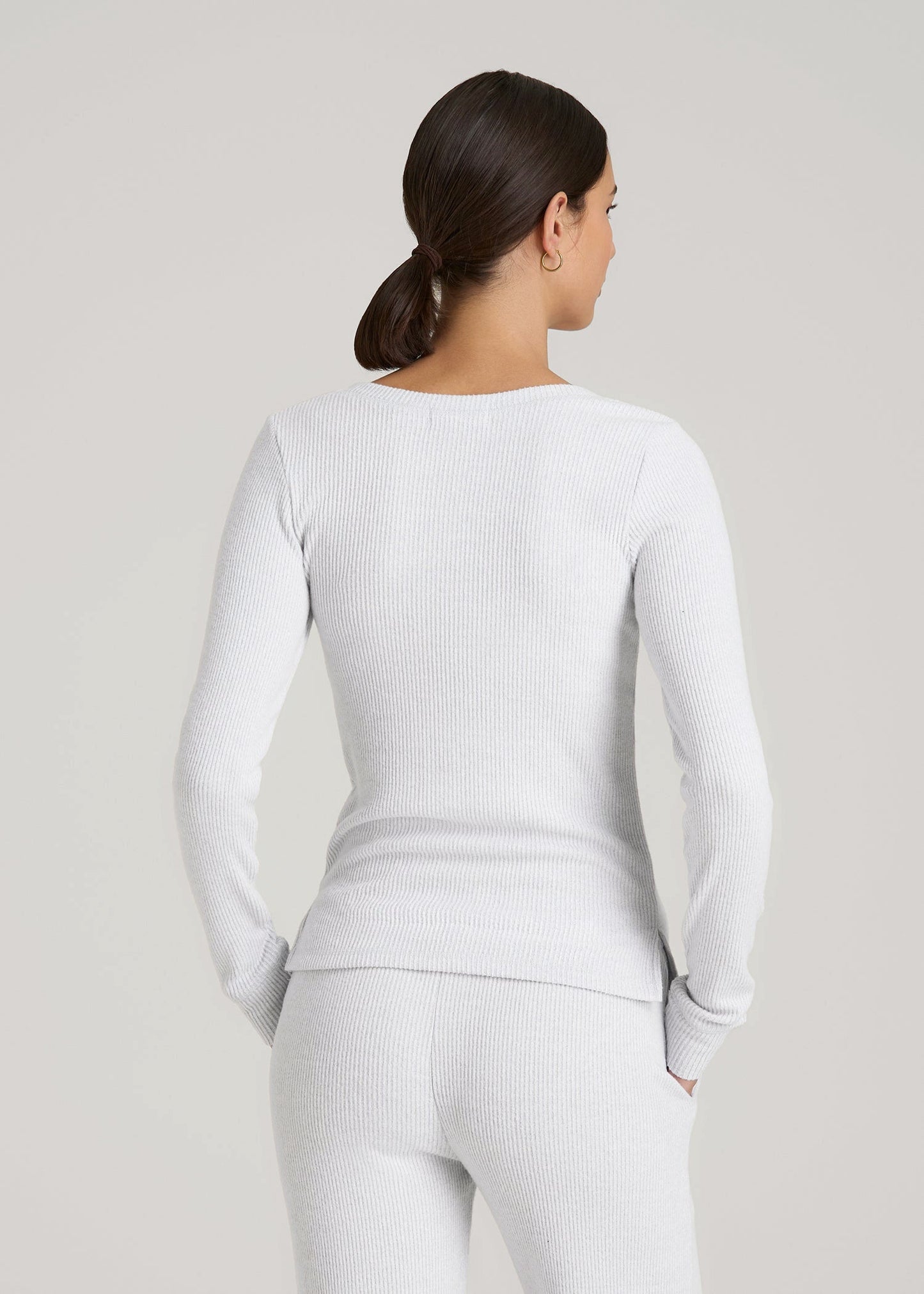 American Tall Women Ribbed Henley Lounge Top for Tall Women in Fog Grey Mix