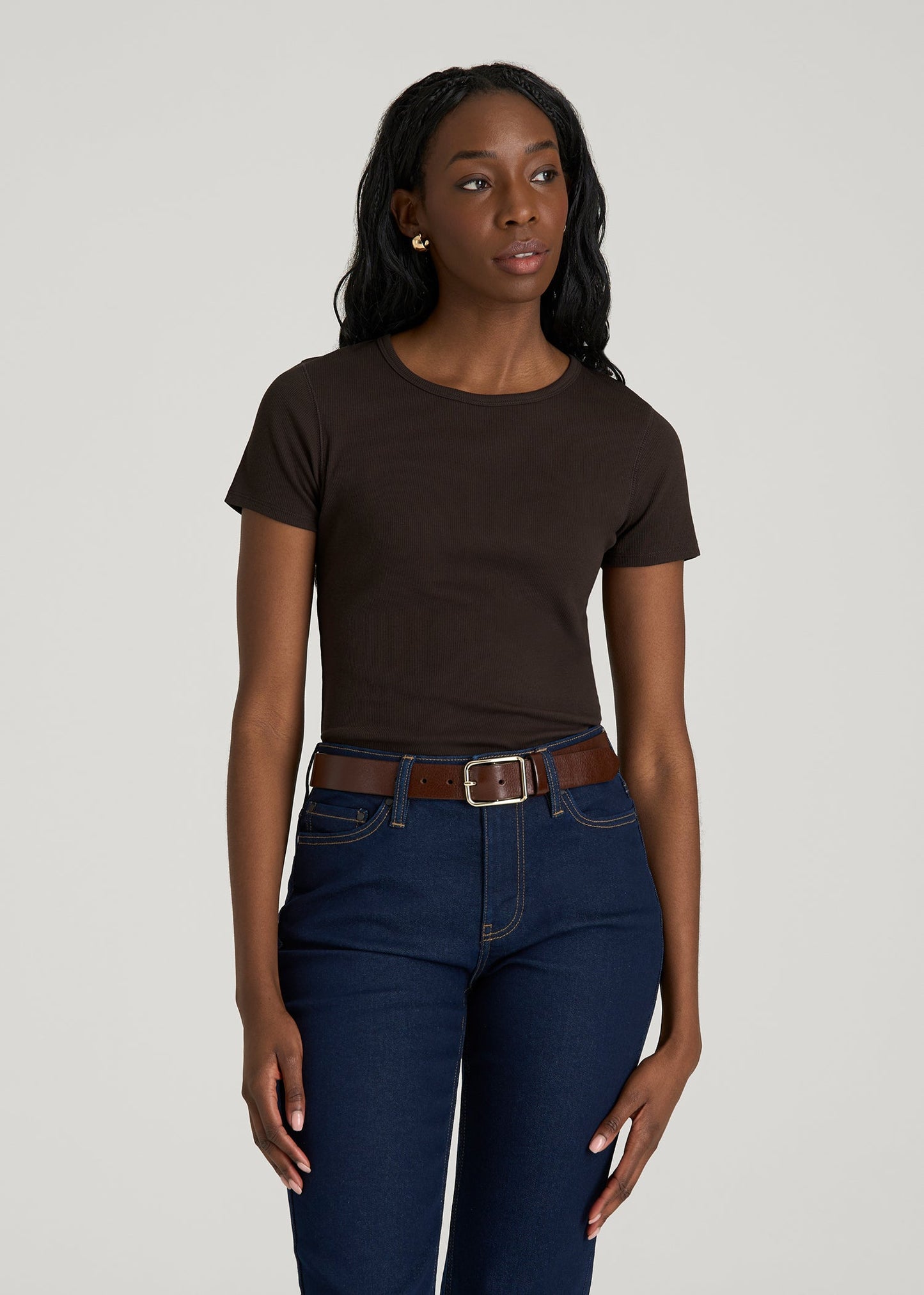 American Tall Women Short Sleeve Ribbed Crewneck T-Shirt for Tall Women in Espresso