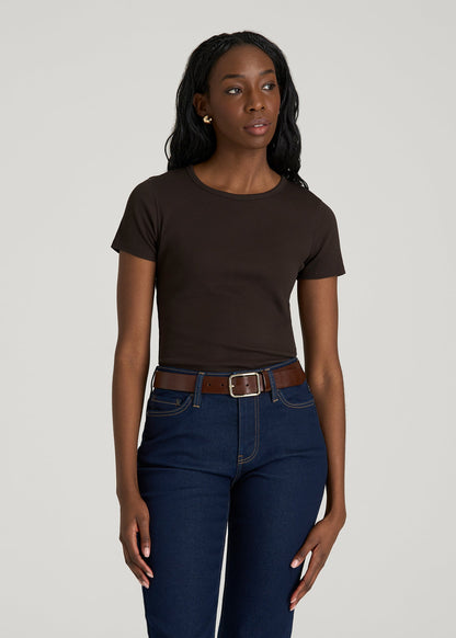 American Tall Women Short Sleeve Ribbed Crewneck T-Shirt for Tall Women in Espresso