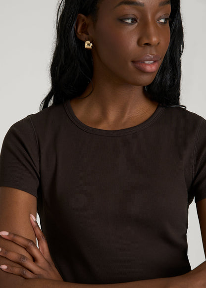 American Tall Women Short Sleeve Ribbed Crewneck T-Shirt for Tall Women in Espresso