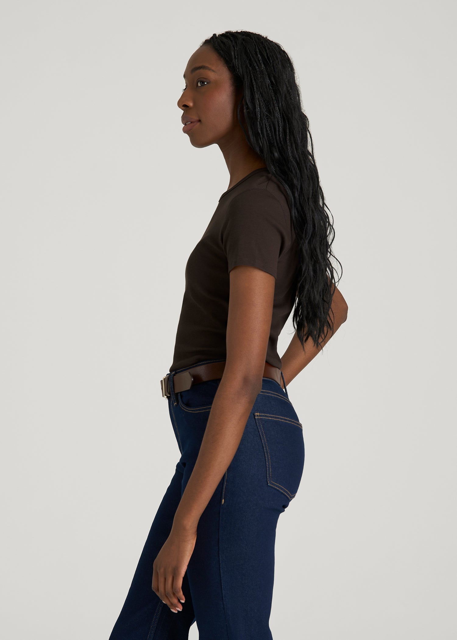 American Tall Women Short Sleeve Ribbed Crewneck T-Shirt for Tall Women in Espresso