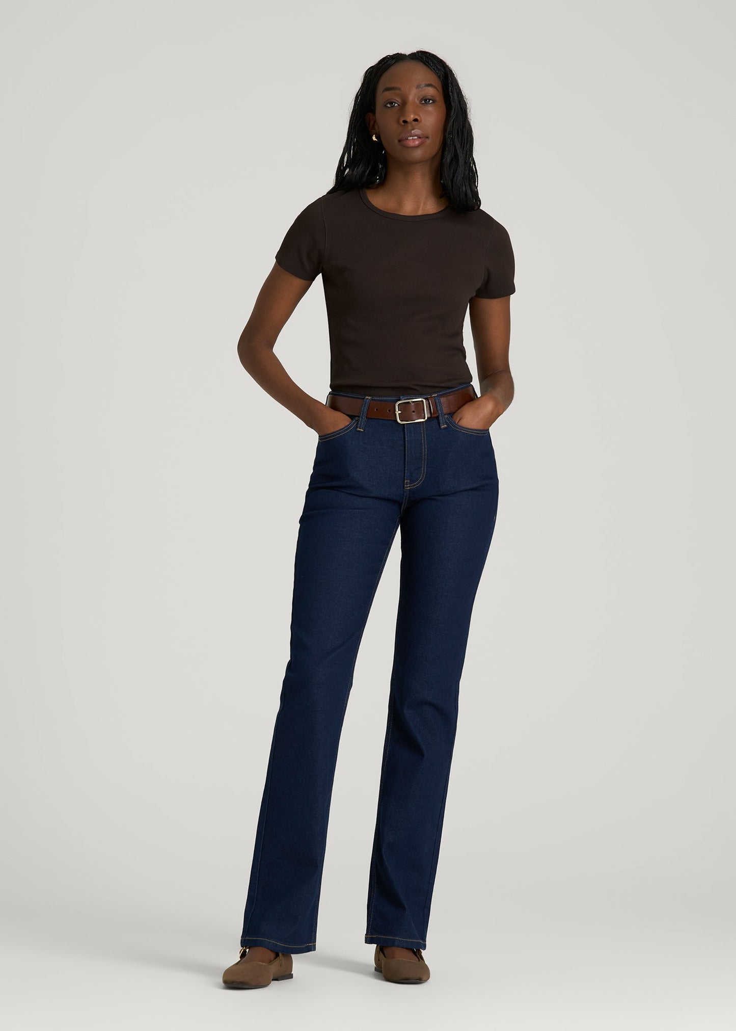 American Tall Women Short Sleeve Ribbed Crewneck T-Shirt for Tall Women in Espresso