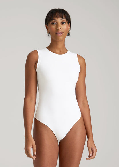 American Tall Women Sleeveless Crewneck Bodysuit for Tall Women in Bright White