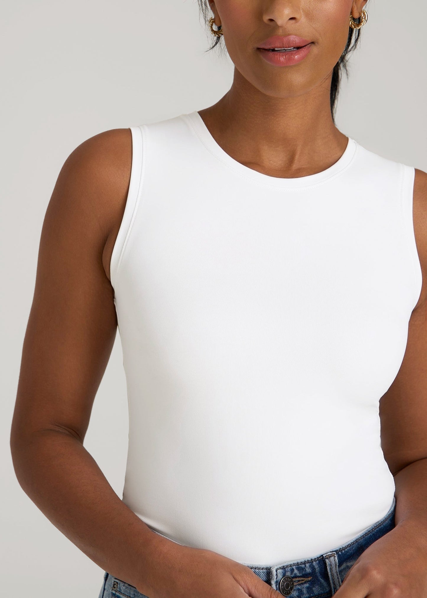 American Tall Women Sleeveless Crewneck Bodysuit for Tall Women in Bright White