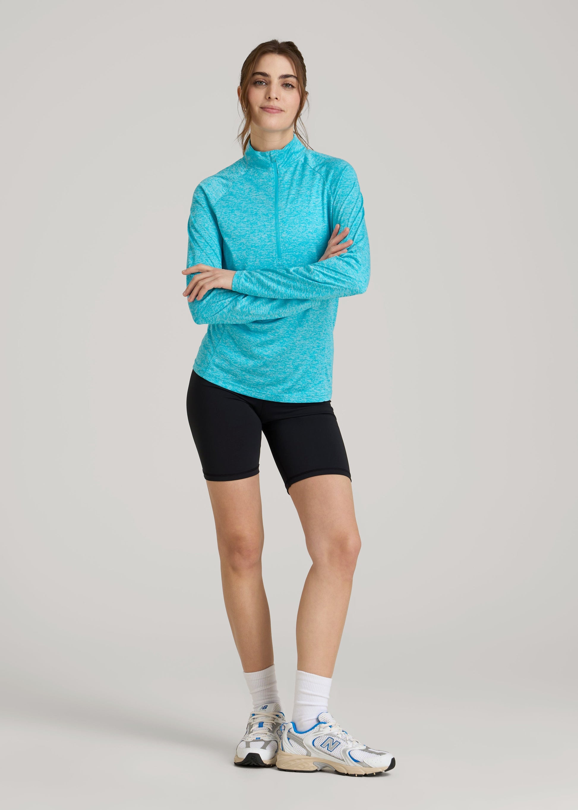 American Tall Women|Men Long Sleeve Active Half-Zip Pullover Jacket for Tall Women in Scuba Blue Mix