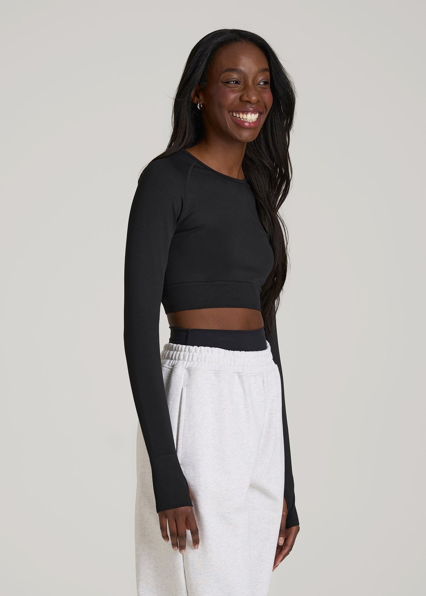 American Tall Women|Men Compression Long Sleeve Cropped Training Top for Tall Women in Black